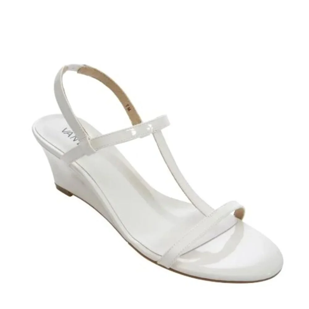 Vaneli White Patent Leather Wedge Sandals